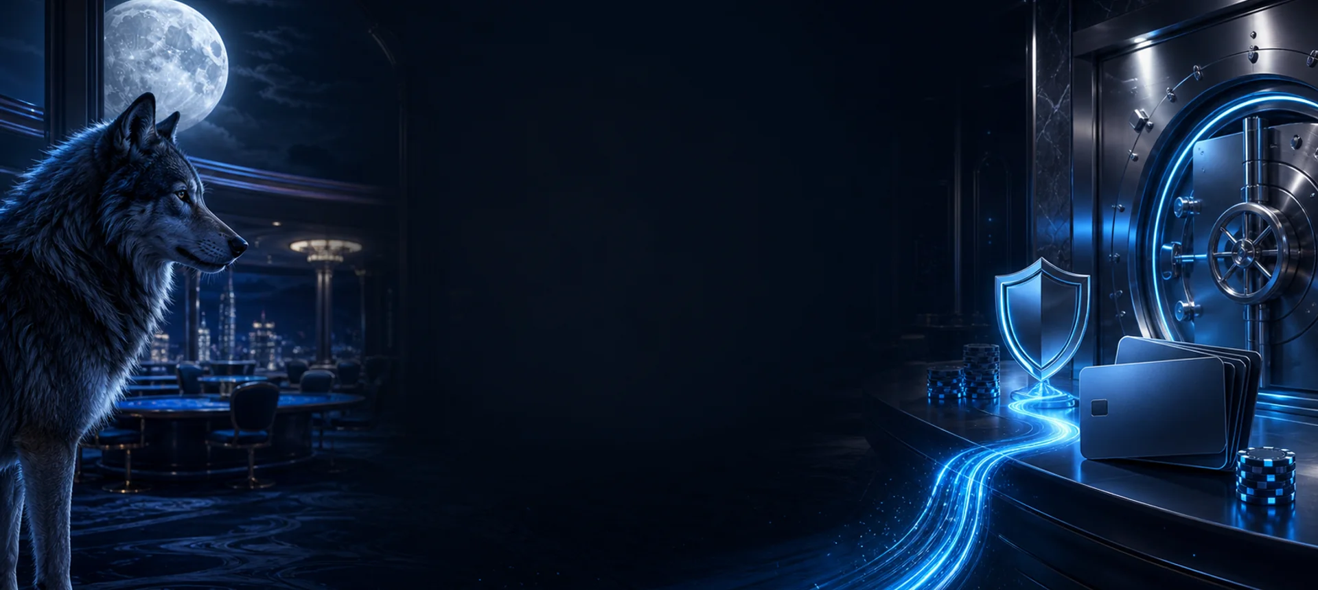 Moonlit wolf beside a cyan casino cashier path and secure vault
